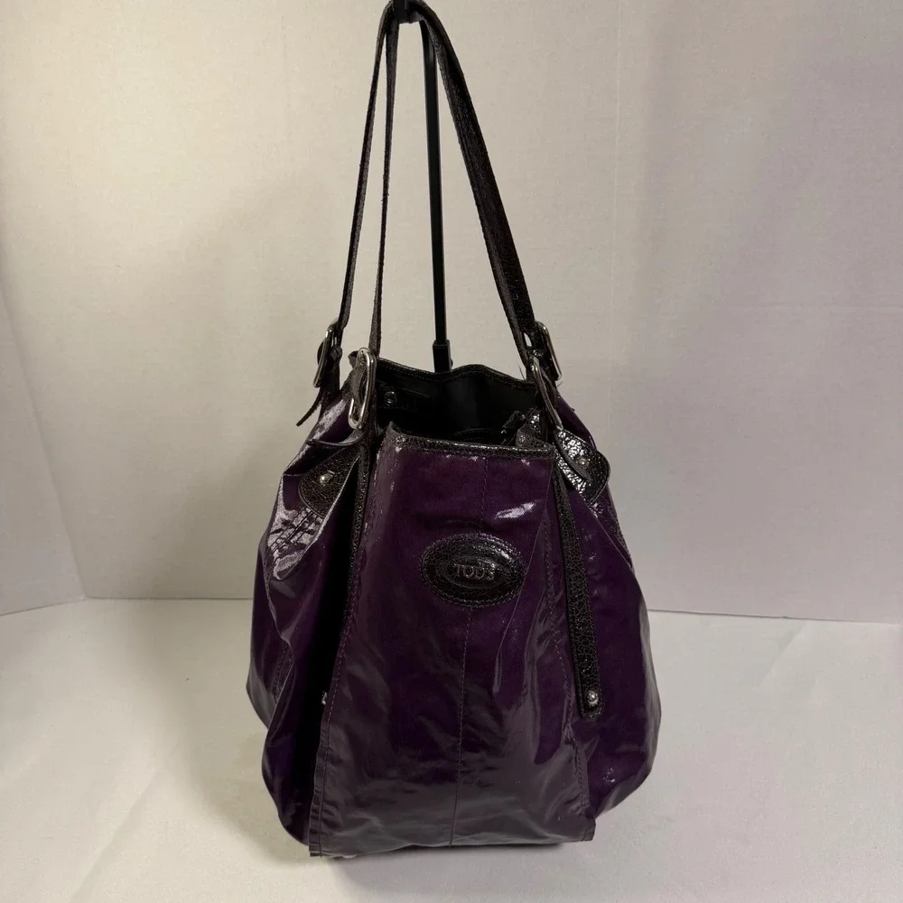 Tod's Shoulder Bag Large Purple Patent  Leather Trim Hobo Tote + Luxury Italian